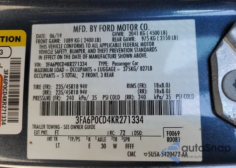 2019 Ford Fusion Sel z USA, uszkodzony, nr VIN 3FA6P0CD4KR271334